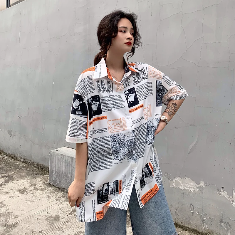 Женская винтажная рубашка Ulzzang свободная с принтом в виде газет японском стиле