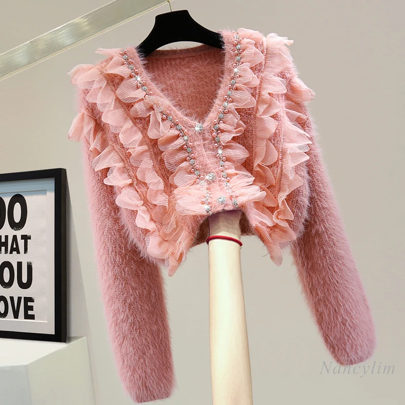 

Pink Cardigan Women Ruffled Mohair Sweater High Waist Short Knitted Coat 2021 Autumn Winter Korean Fashion Diamond Beaded