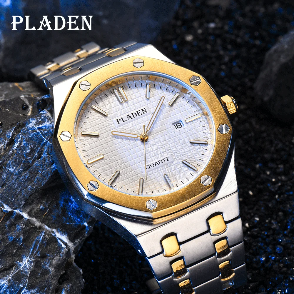 

PLADEN Gold And Silver Quartz Watches Luxury Luminous Calendar Sports Wristwatch Man Seiko Stainless Steel Latest Relojes Hombre