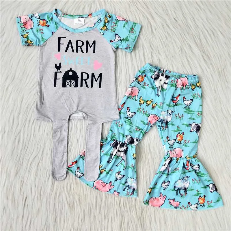 

Baby Girls Farm Animals Outfits Toddlers Short Sleeves Top Bell Bottom Pants Kids Clothing Sets Boutique Children Chicken Style
