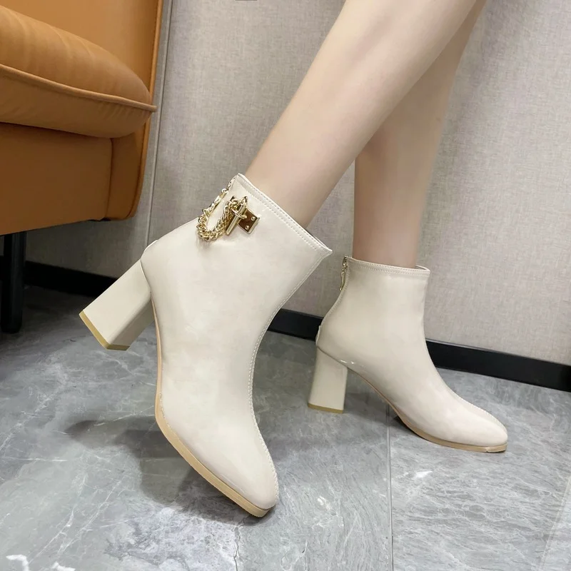 

Women's Nude Boots Autumn and Winter New Fashion Women's Boots Square Toe Side Zipper Shoes Ankle Boots Party Fashion High Heels