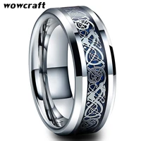unisex tungsten carbide ring blue dragon carbon fiber inlay beveled edges mirror polished dragon tungsten ring as an best gift