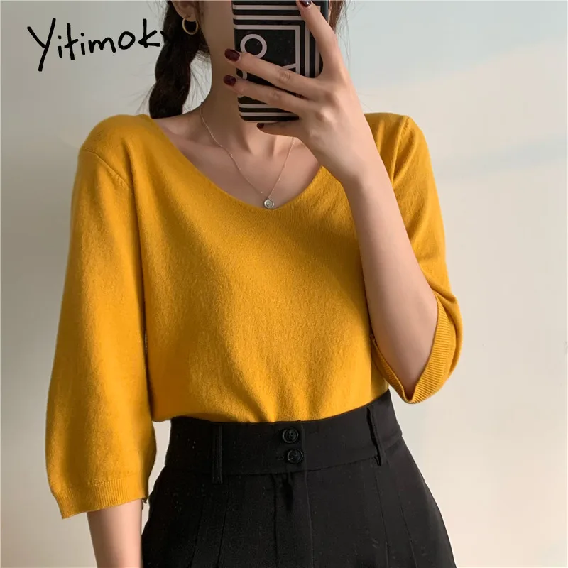 Женский трикотажный свитер с коротким рукавом и V-образным вырезом | Женская