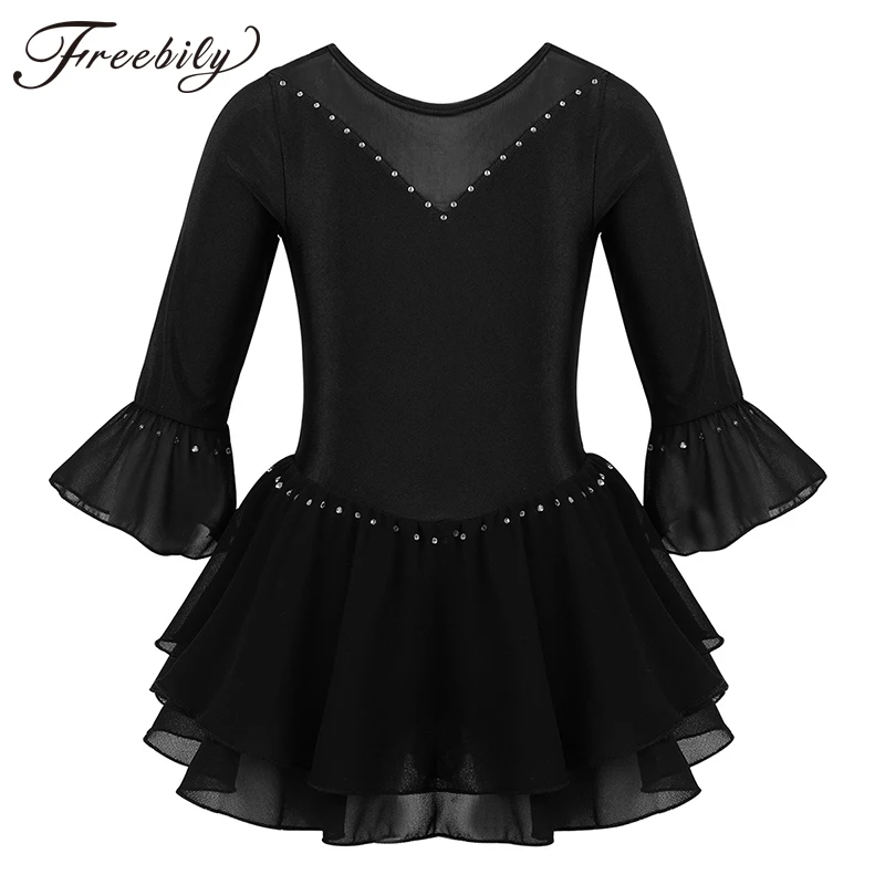 Дети подростков Блестящие рукава сплайсинга Стразы фигурное катание платье