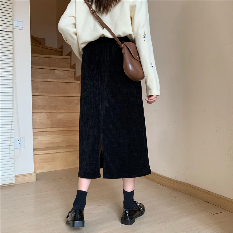 

HziriP New Women Skirt Corduroy 2020 Autumn Solid Elastic Waist Split Vintage Gentle All-Match A-Line Casual Female Office Lady