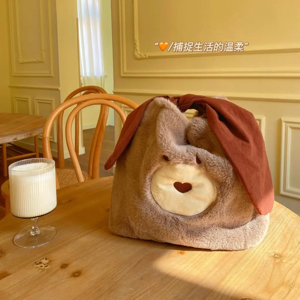 Японская плюшевая сумка для обеда с медведем, милый Ланч-бокс с большими ушками для пикника, бэнто-бокс, сумка для хранения еды из мягкого ме...