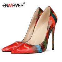 enmayer basic pu thin heels pointed toe shoes woman party slip on mixed colors pumps women shoes luxury shoes women designers