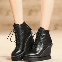oxfords women lace up genuine leather wedges high heel motorcycle boots female high top round toe fashion sneakers casual shoes