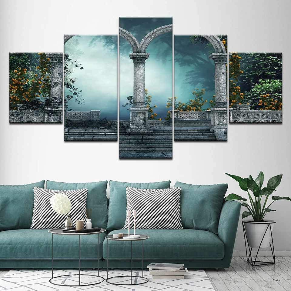 Картина маслом на холсте Томас 5 панелей с изображением каменной двери пейзажа