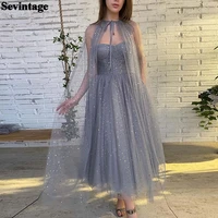 sevintage 2 pieces dusty blue star tulle midi prom dresses with wrap tea length women party dress a line formal evening gowns