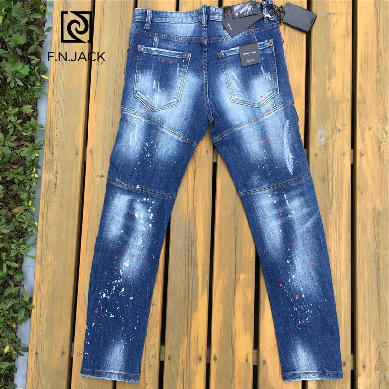 Мужские облегающие джинсы F.N.JACK стильные рваные байкерские прямые Стрейчевые на