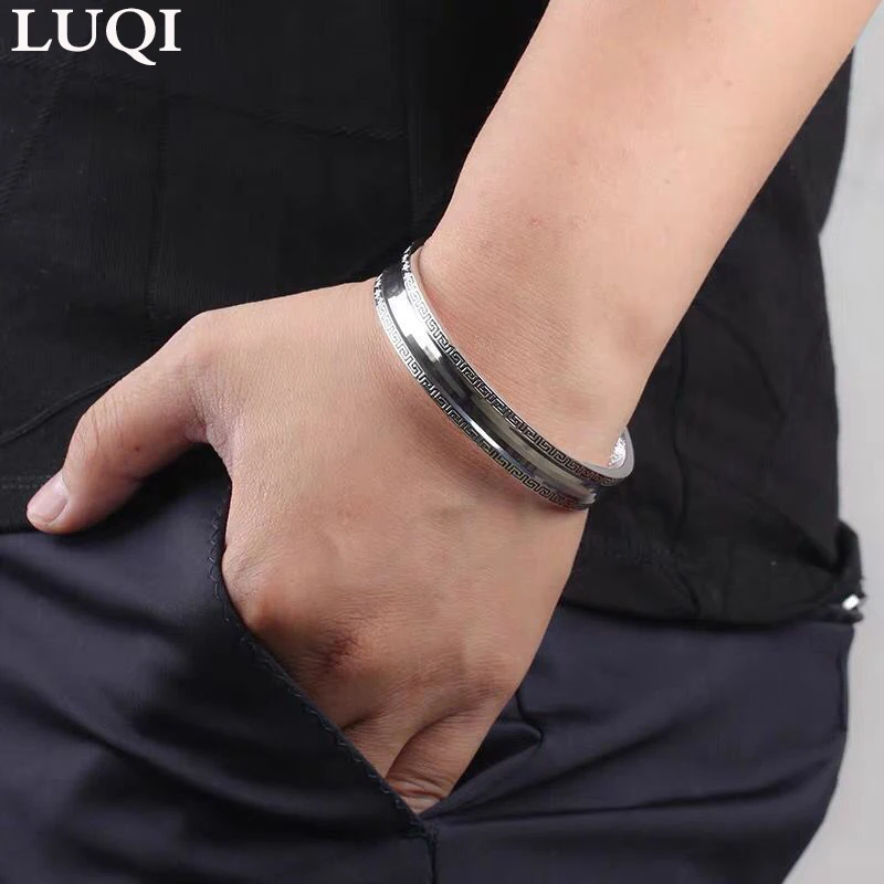 

S925 Silver Classic Men's and Women's Concave Great Wall Pattern Smooth Bangle 049