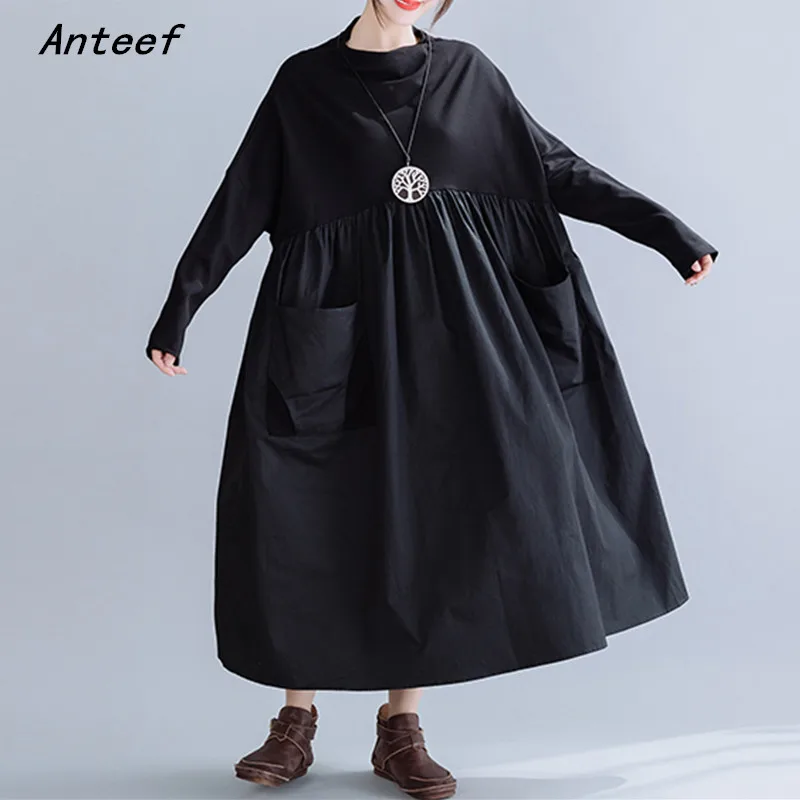 

long sleeve oversized black cotton dresses for women casual loose spring autumn dress elegant clothing 2022