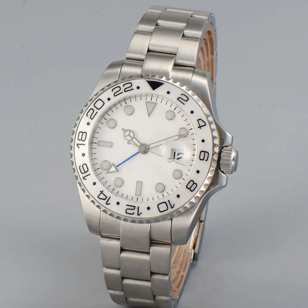 

43MM White Dial Ceramic Bezel Blue GMT Sapphire Luminous watch face Marks Automatic Movement Men's Watch