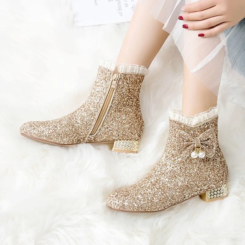 

US4-11 Womens Sequins Bling Ankle Boots Bowknot Lace Pearls Wedding Chunky Low Heel Side Zip Shoes Gold Sliver Pink Plus Size