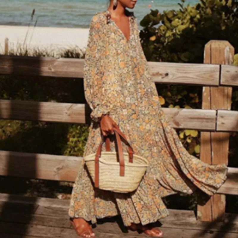 

Plus Size Women Elegant Long Maxi Dress Vintage Flower Print Summer Beach Dress 2021 Long Sleeve Bohemian Loose Dresses Femme