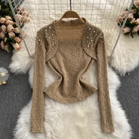 women ruched square neck long sleeve sexy shirt club party tops ladies 2021 autumn new pearl beading blouse blusas short black