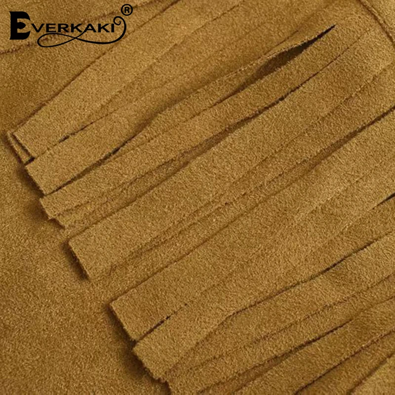Everkaki/замшевая богемная куртка с кисточками; пальто для женщин; сезон осень; Длинные рукава; карманы; Свободные повседневные пальто; куртка; Верхняя одежда; женская одежда; сезон зима