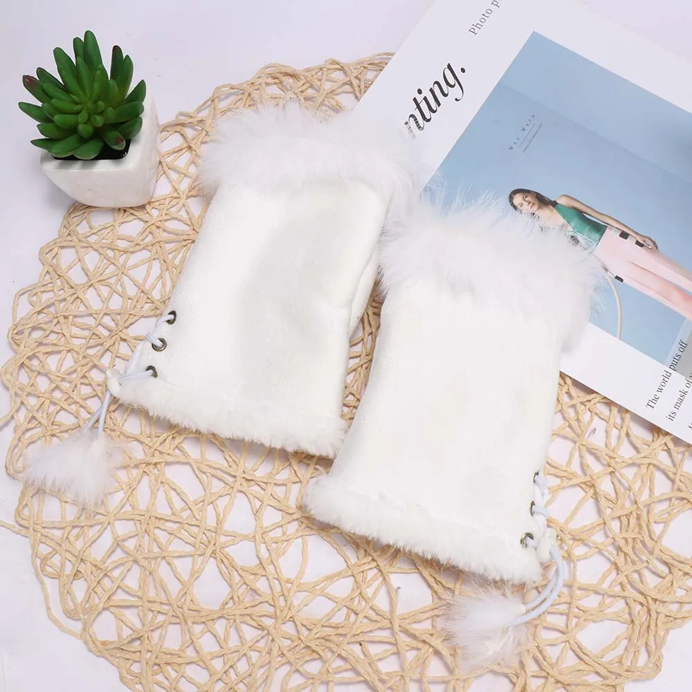 Меховые кожаные перчатки без пальцев на запястье женские подарок кролика Новые