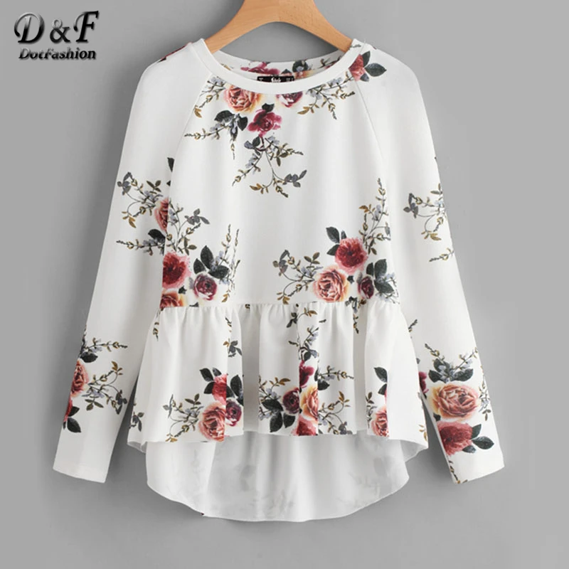 Dotfashion Блузка-туника с рукавом реглан и оборками с глубоким подолом, белый топ с круглым вырезом и цветочным принтом, женская блузка с длинным рукавом