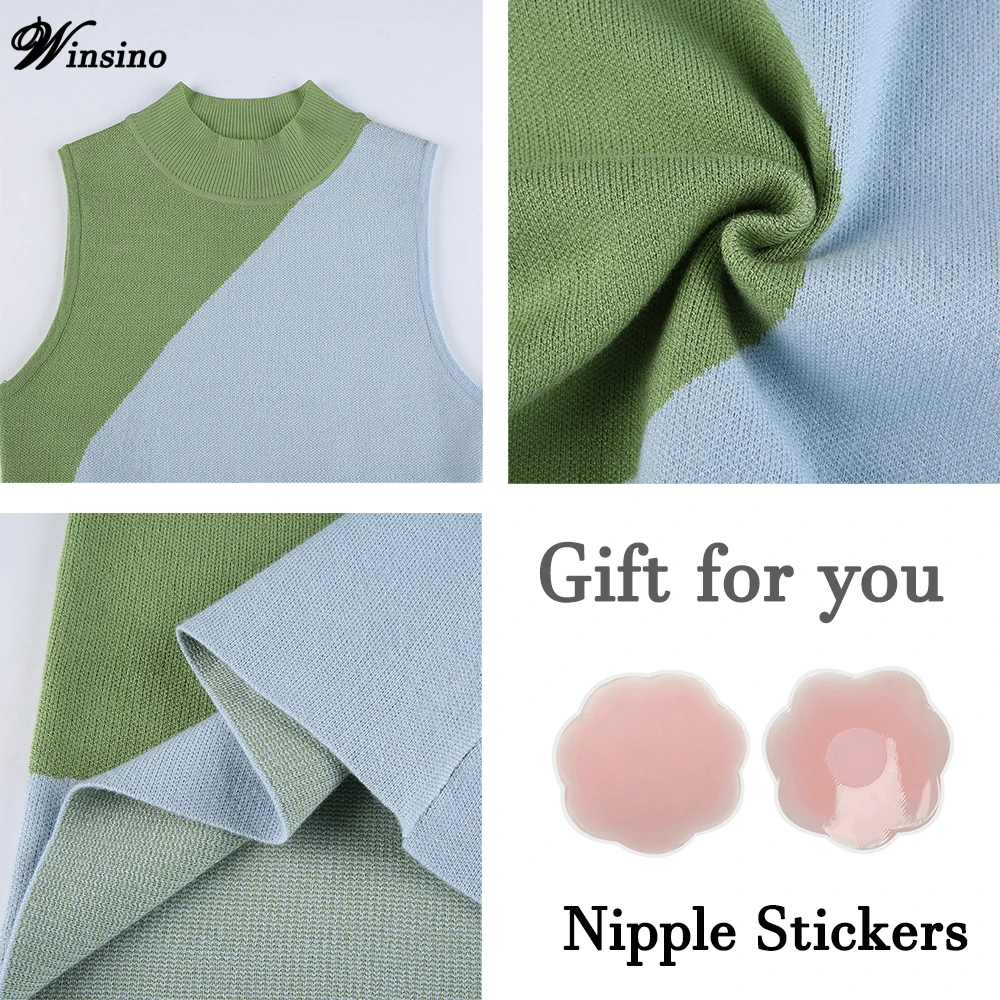 

Fashion Contrast Color Sleeveless Dress Slim Sexy Knitted Breathable Casual 2021 Summer Round Neck Temperament Package Hip