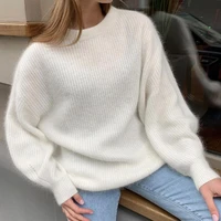 women stylish candy color lantern sleeve sweater lady knitted pullover solid color streetwear