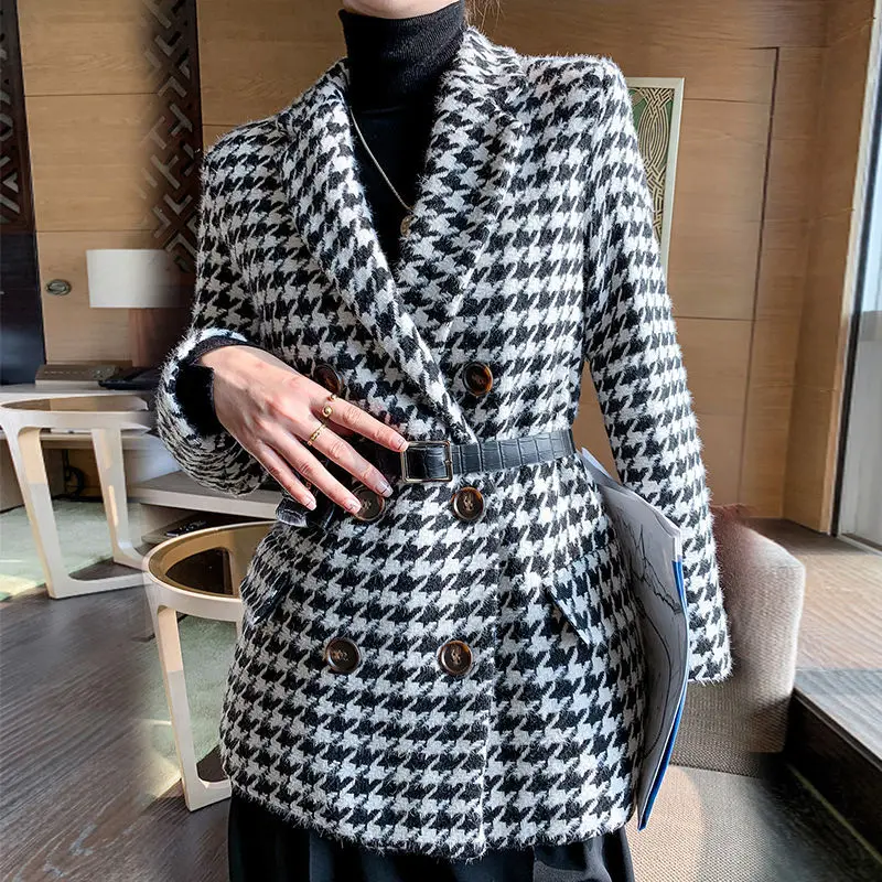 Thick Foot Houndstooth Blazer Women 2021 New Spring And Autumn Suit Jacket Female Tide Ins Woolen Coat Blazer Femme Tops Outerwe