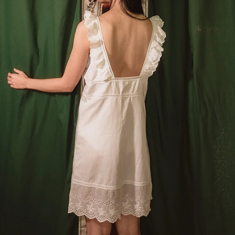 Pure cotton white pajamas, summer fresh princess, retro palace hollow strap suspender nightdress-10