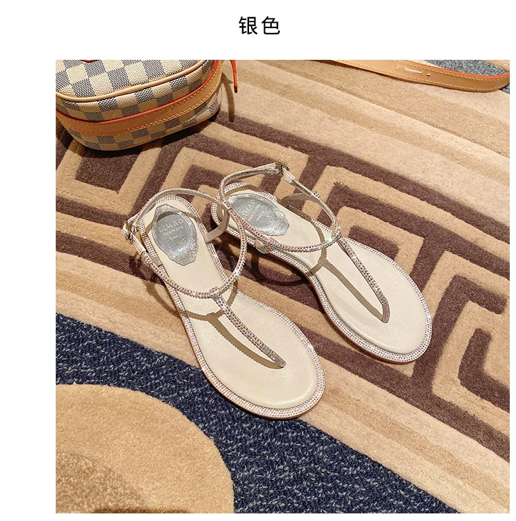 

ladies beach wedding sandal Diana crystal-embellished metallic leather sandals Buckle-fastening ankle strap flat flipflop shoes