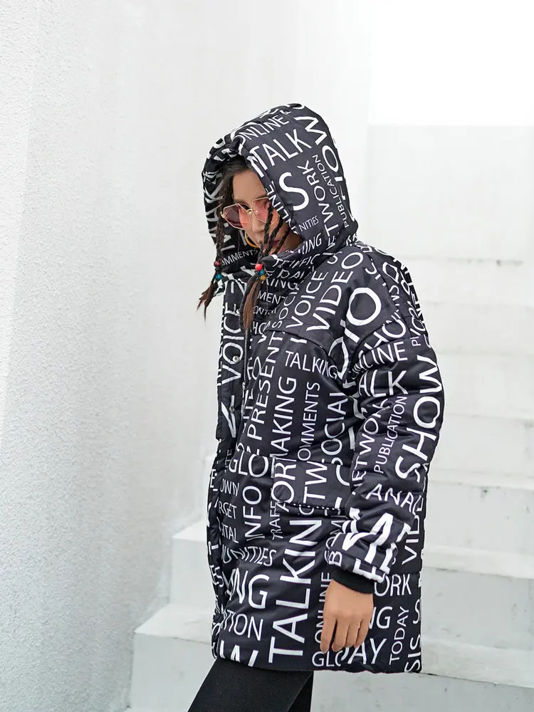 Куртка женская хлопковая с капюшоном и надписью теплая плотная в стиле хип-хоп 2020