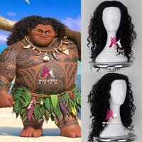 movie moana prince men maui wig black fluffy long hair cosplay curly wig with hair net maui costumes wig cap