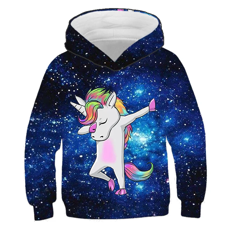 

2021 New 3D printing creative casual fashion animation color unicorn peripheral hooded sweatshirt for teenagers and children
