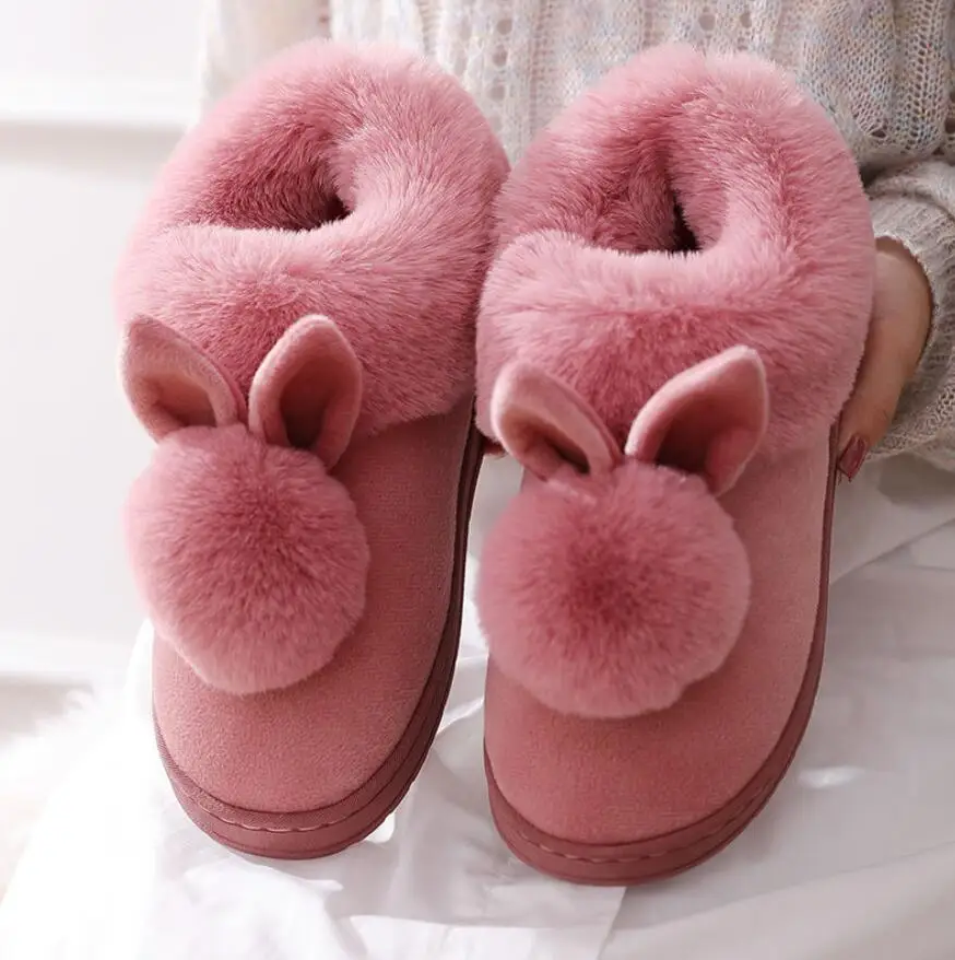 Dark Pink Сезон осень-зима; хлопковые тапочки с мехом кролика; домашняя теплая хлопковая обувь на толстой подошве; женские тапочки; милые пушистые тапочки с котом - Цвет: Dark Pink