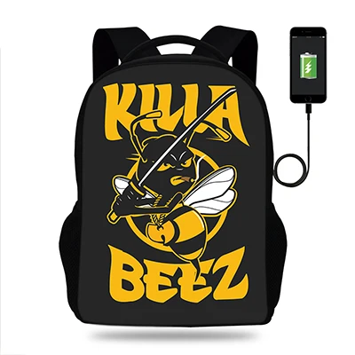 17 дюймов Wu Tang Killa Bees хип печати рюкзак для женщин USB рюкзаки с зарядным устройством для подростков мальчиков школьные сумки ноутбук повседневные Рюкзаки