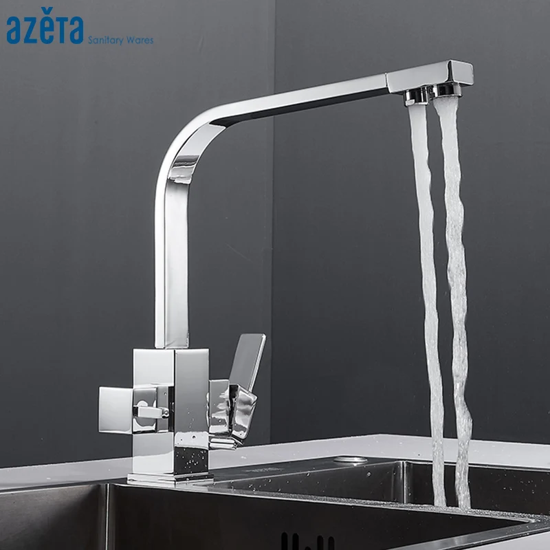 

3-ходовой фильтр для воды Azeta, смеситель для кухни, хромированная латунь, вращение на 360 градусов, для кухонной раковины, смеситель для питьевой воды AT9638