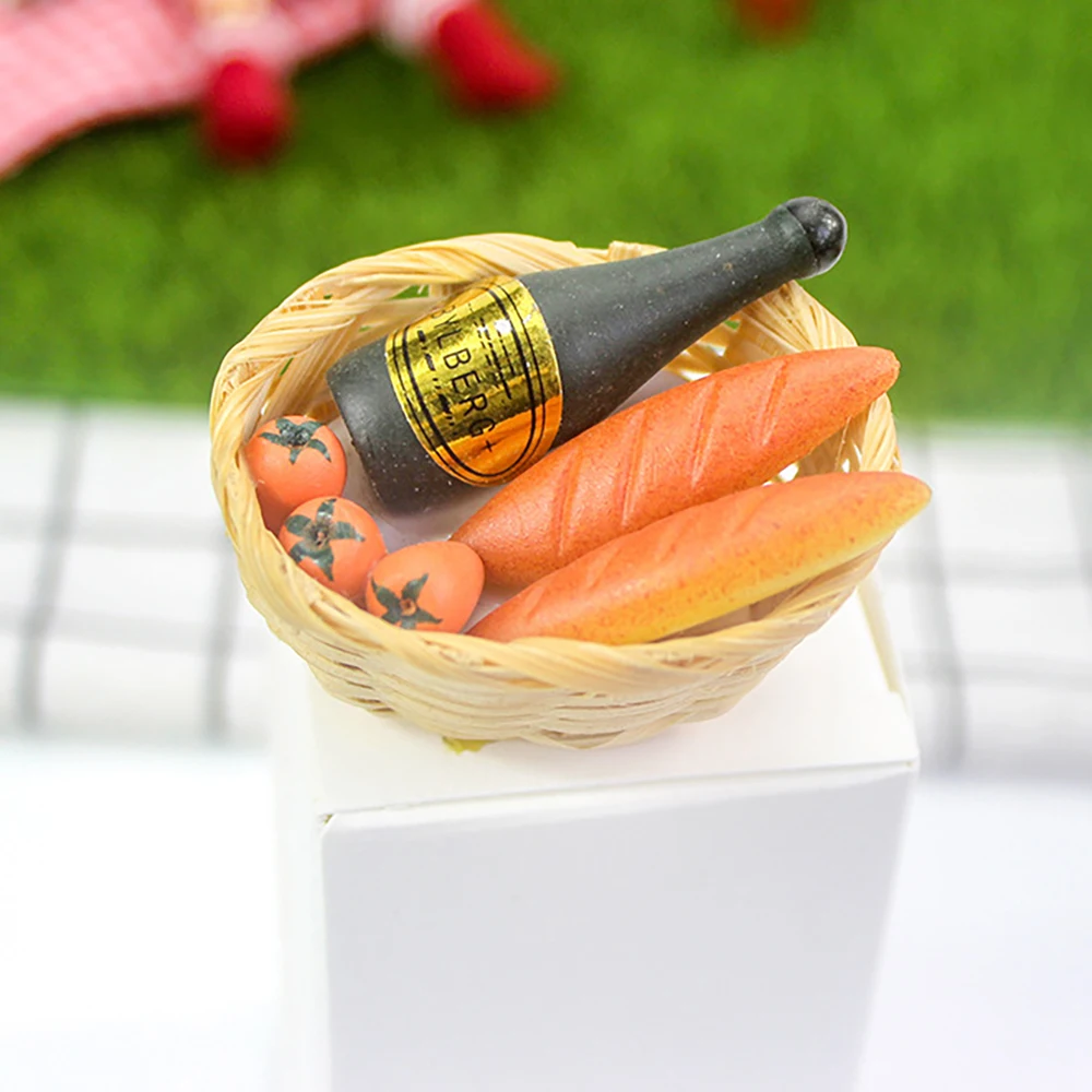 

1/12 Dollhouse Miniature Accessories Mini Wine Bottle Bread Bamboo Basket Simulation Food Model Toys for Doll House Decoration