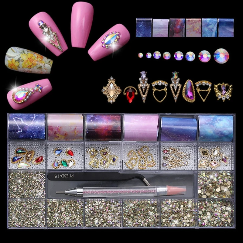 

21 Grids Nails Design Kit Art Decor Multi Shapes with Dual-ended Dotting Pen Tweezers Set Nails Ornaments Manicure Tips DIY