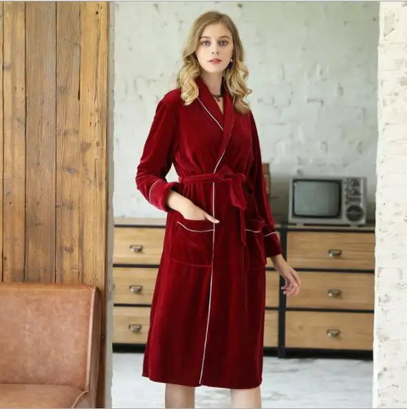

Fdfklak Gold Velvet Dressing Robe Long Femme Sleepwear Women Autumn Winter Wine Red Thick Bath Robe Warm Bride Robe