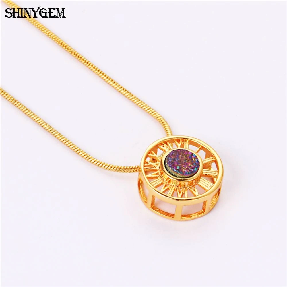 ShinyGem модное Золотое колесо кулон ожерелье полое большое Натуральный Druzy Кристалл