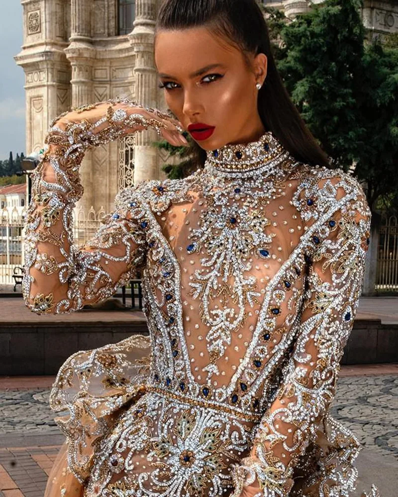 Luxury Beading Short Prom Dresses with Detachable Train Crystal High Neck Long Sleeve Evening Gowns Dubai Arabic Formal Wear