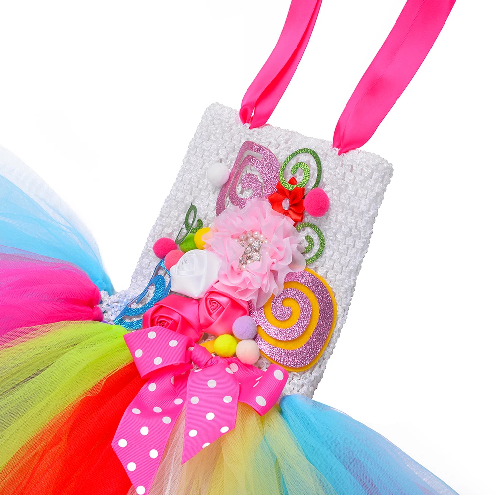 

Halloween Sweet Rainbow Candy Tutu Dress Girls Birthday Party Princess Dress Flowers Bow Lollipop Candy Costume With Headband