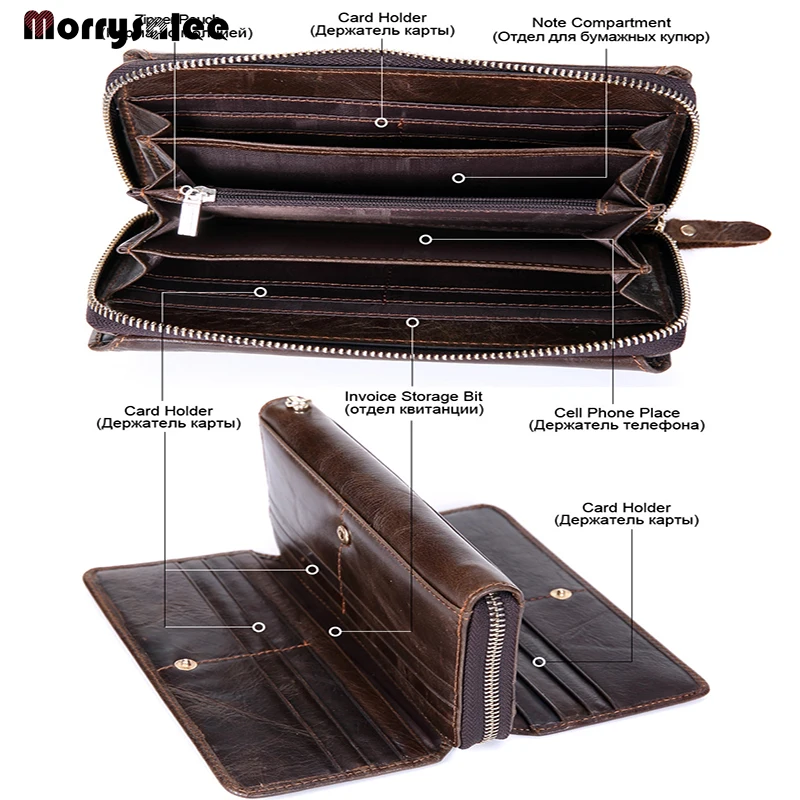 Men's Long Zip Wallet Leather Men's Bags Multi-card Mobile Phone Bag Business Clutch Multi-function The First Layer of Leather