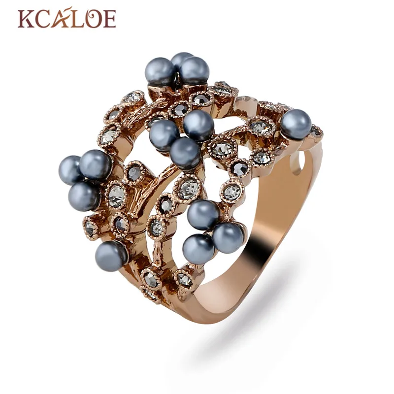 KCALOE, титановое Золотое кольцо, модное, коричневое, имитация жемчуга, обручальное кольцо, хрустальные стразы, женские кольца Anillos, Женские Ювелирные изделия
