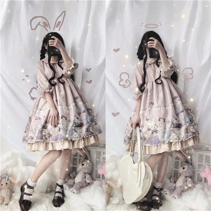 

Cute Rabbit Alice Women High Waist Lolita Dress Sweet Teen Girls Student Doll Collar Printing Ruffle Princess JSK Dress Cosplay