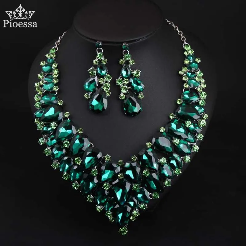 Pioessa роскошные классические европейские и американские преувеличенный ожерелье с кристаллом зеленого цвета серьги набор африканские ожер...