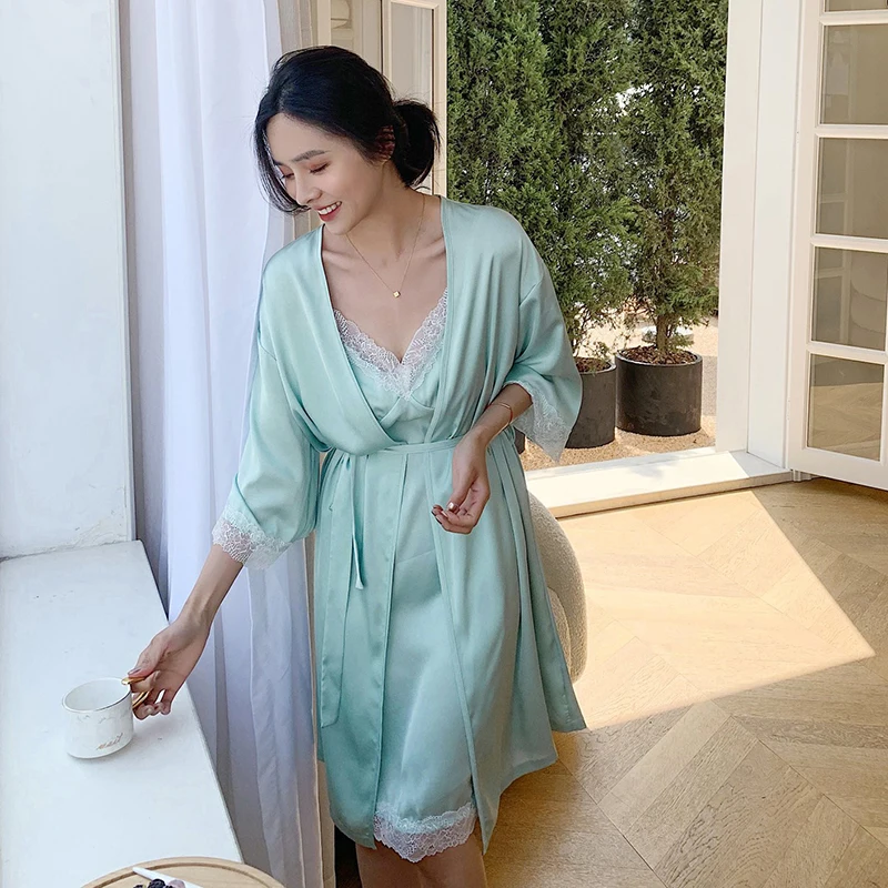 

Summer Women 2PCS Night Gown Sets Blue Yellow Pink Satin Robe And Cardigan Twinset Sleeping Wear Lace Contrast Pajama Clothes