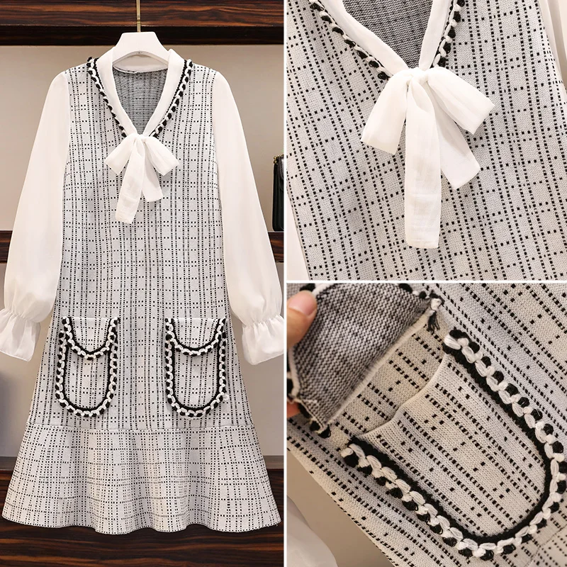 Плюс размер 2020 осенне зимний свитер клетчатое платье женское трикотажное