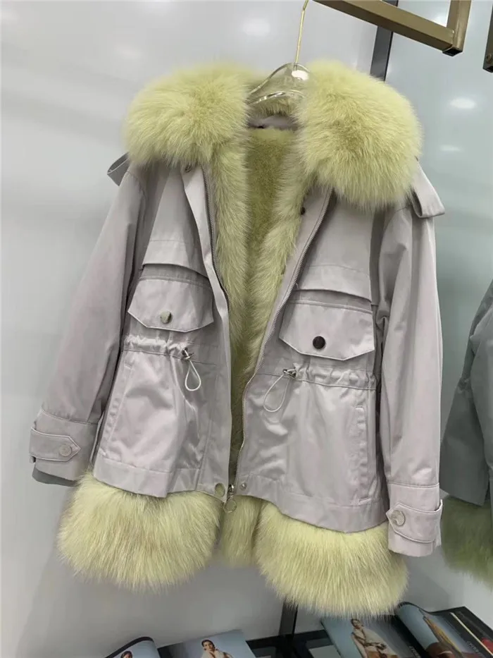 grey with green Женские Новые парки шуба из натурального Лисьего меха теплая Толстая съемная меховая подкладка из натурального меха лисы женская зимняя куртка - Цвет: grey with green