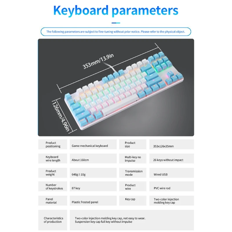 

K100 87-keys Green Axis Keyboard Mechanical Gaming Keyboard for PC Laptop Players Q1JF