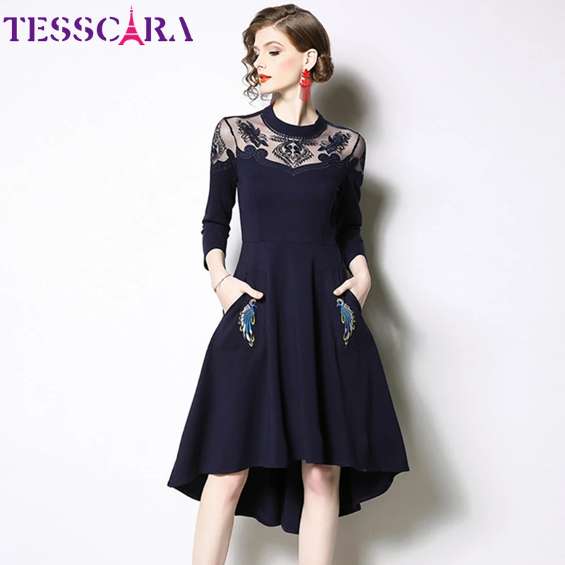 Женское винтажное коктейльное платье TESSCARA роскошное Сетчатое с вышивкой